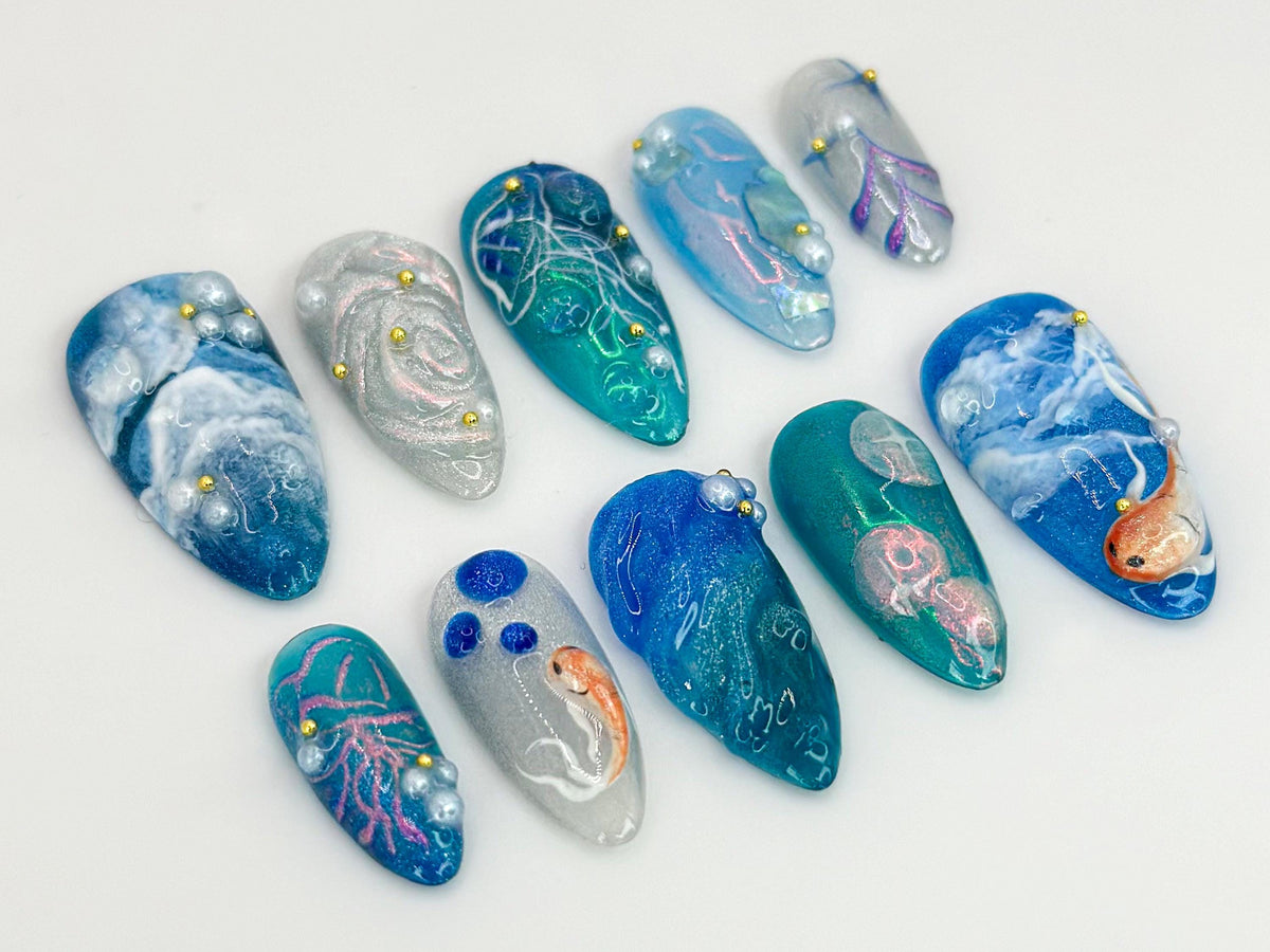 Blue Ocean Press On Nails | Stunning Blue Koi Fish Nails | Jellyfish Nails Art | Ocean Waves, Gold Accents | Luxury Nail Design | JB580HC