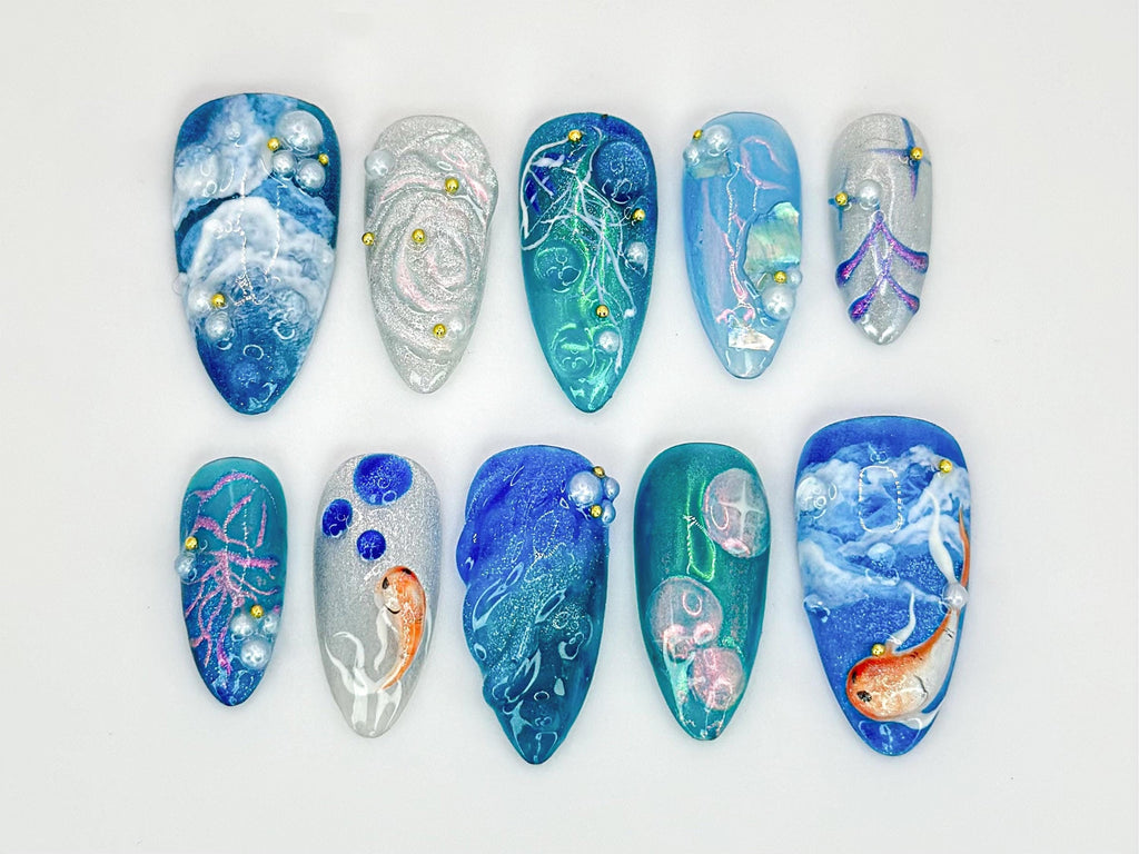 Blue Ocean Press On Nails | Stunning Blue Koi Fish Nails | Jellyfish Nails Art | Ocean Waves, Gold Accents | Luxury Nail Design | JB580HC