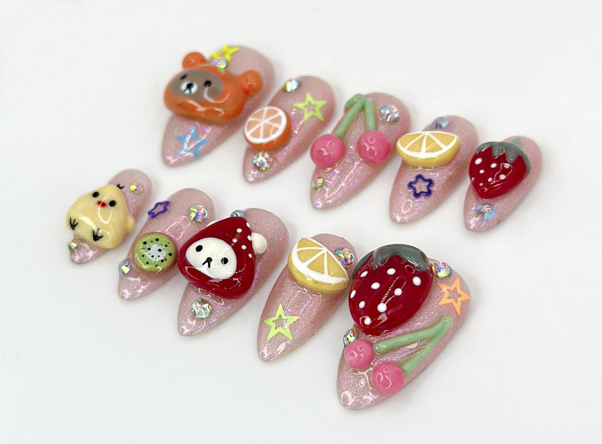Kawaii Cartoon Press On Nails | Strawberry & Cherry Design |  Fun Kawaii Animal Nails | Handmade Glitter Nail |Fun Kawaii Nail Art|JB585HC