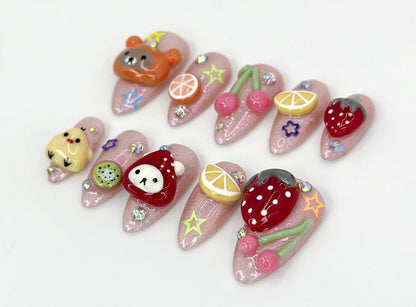 Kawaii Cartoon Press On Nails | Strawberry & Cherry Design |  Fun Kawaii Animal Nails | Handmade Glitter Nail |Fun Kawaii Nail Art|JB585HC