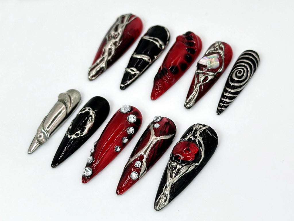 Unique Gothic-Inspired Press On Nails | Edgy Black & Red Metallic Nails | Long Stiletto with Silver Details | Gothic Style | JB589HK
