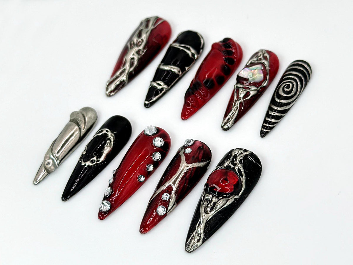Unique Gothic-Inspired Press On Nails | Edgy Black & Red Metallic Nails | Long Stiletto with Silver Details | Gothic Style | JB589HK