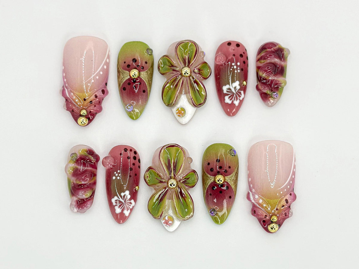 Fresh Fruit Inspired Press-On Nails | Watermelon & Blossom Design | 3D Flowers Handmade Nail Art  Hand-Painted Press-Ons | JB592HC