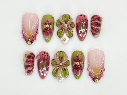 Fresh Fruit Inspired Press-On Nails | Watermelon & Blossom Design | 3D Flowers Handmade Nail Art  Hand-Painted Press-Ons | JB592HC