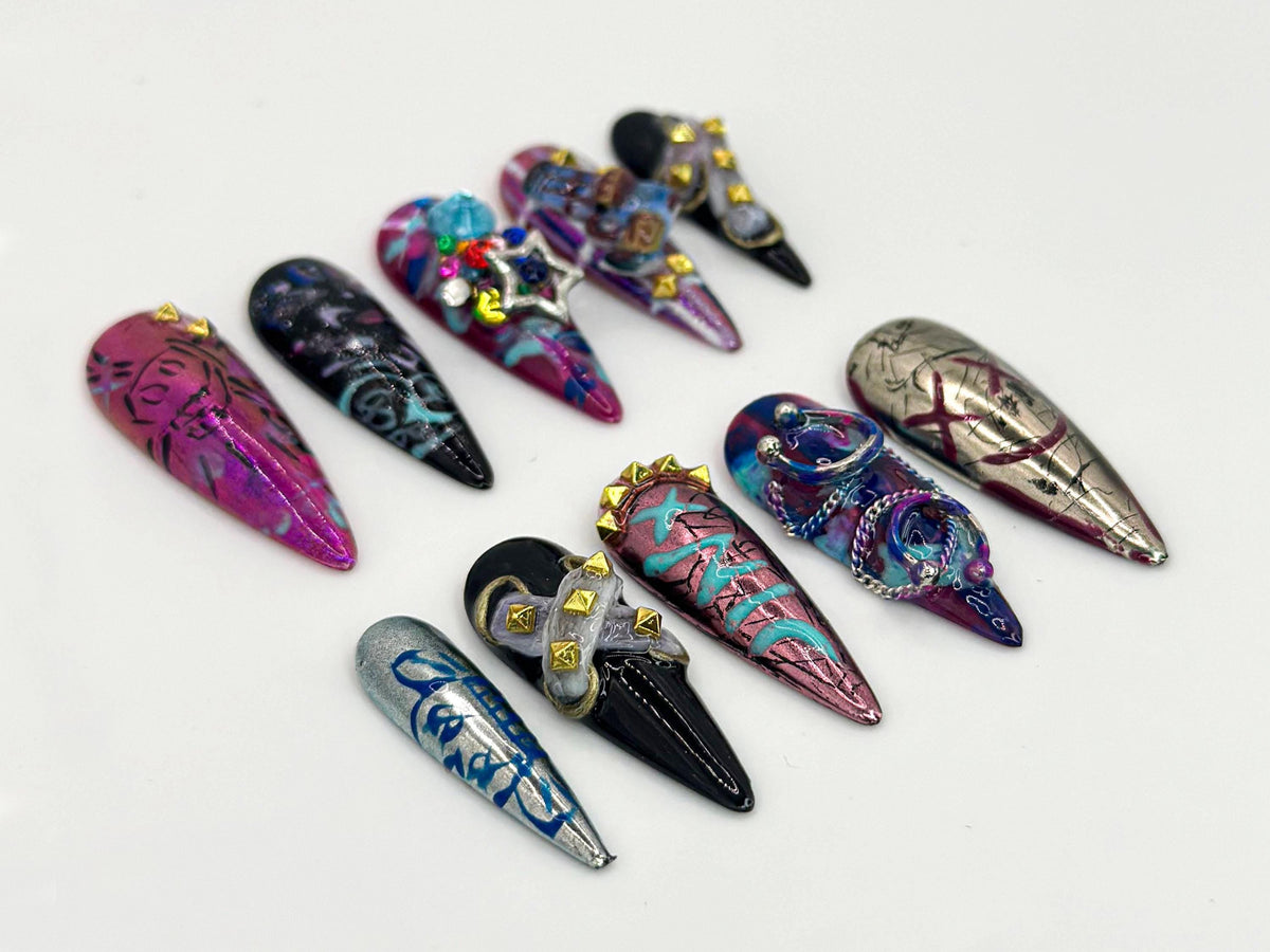 Arcane Jinx-Inspired Press On Nails | League of Legends Arcane Nails | Jinx Cosplay Nail Art | Punk Style Arcane Nails | JB626HC