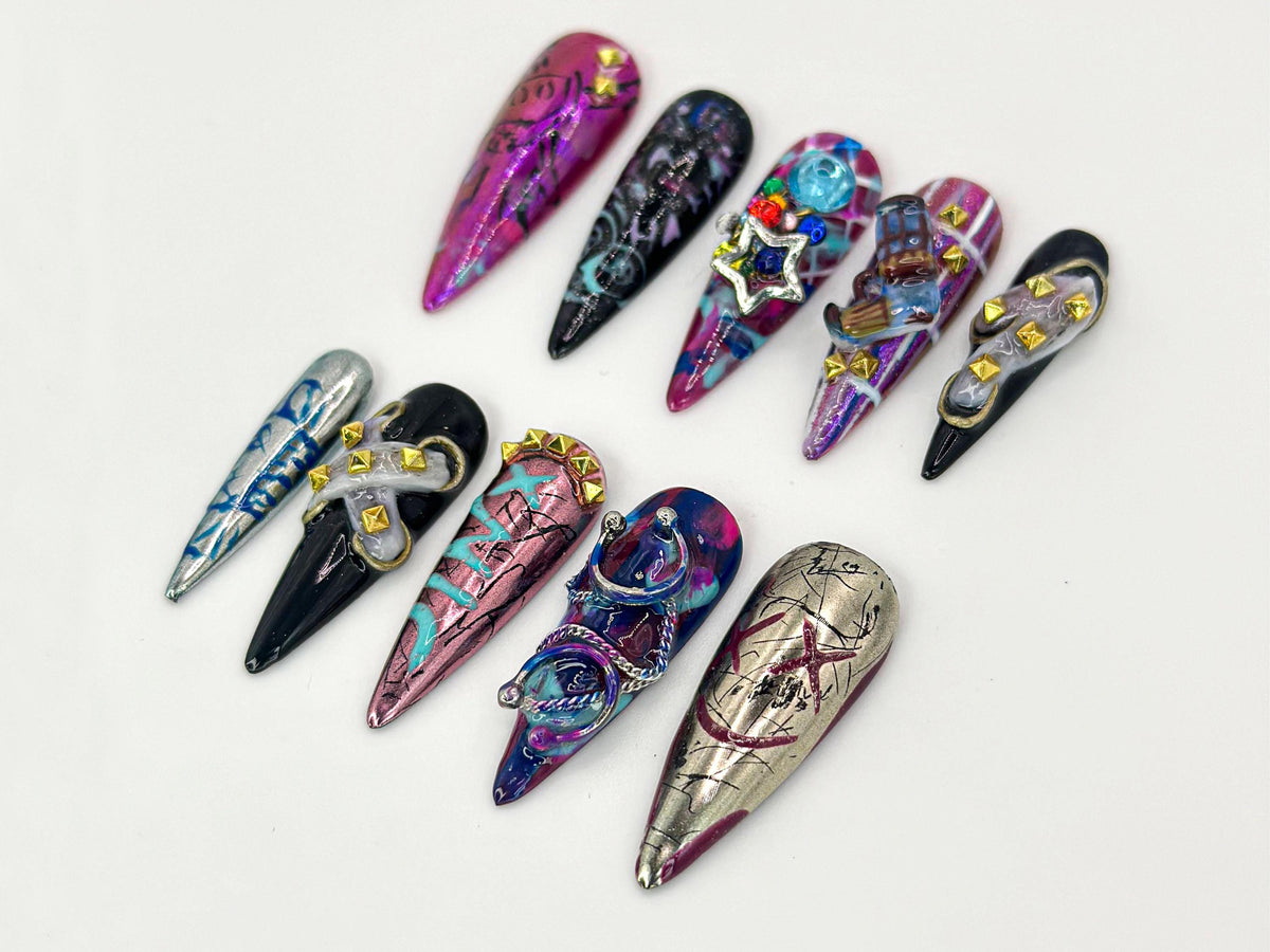 Arcane Jinx-Inspired Press On Nails | League of Legends Arcane Nails | Jinx Cosplay Nail Art | Punk Style Arcane Nails | JB626HC
