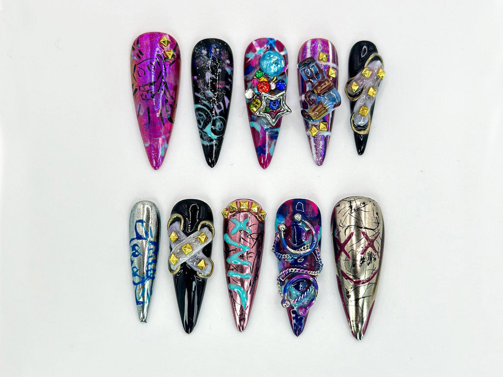 Arcane Jinx-Inspired Press On Nails | League of Legends Arcane Nails | Jinx Cosplay Nail Art | Punk Style Arcane Nails | JB626HC