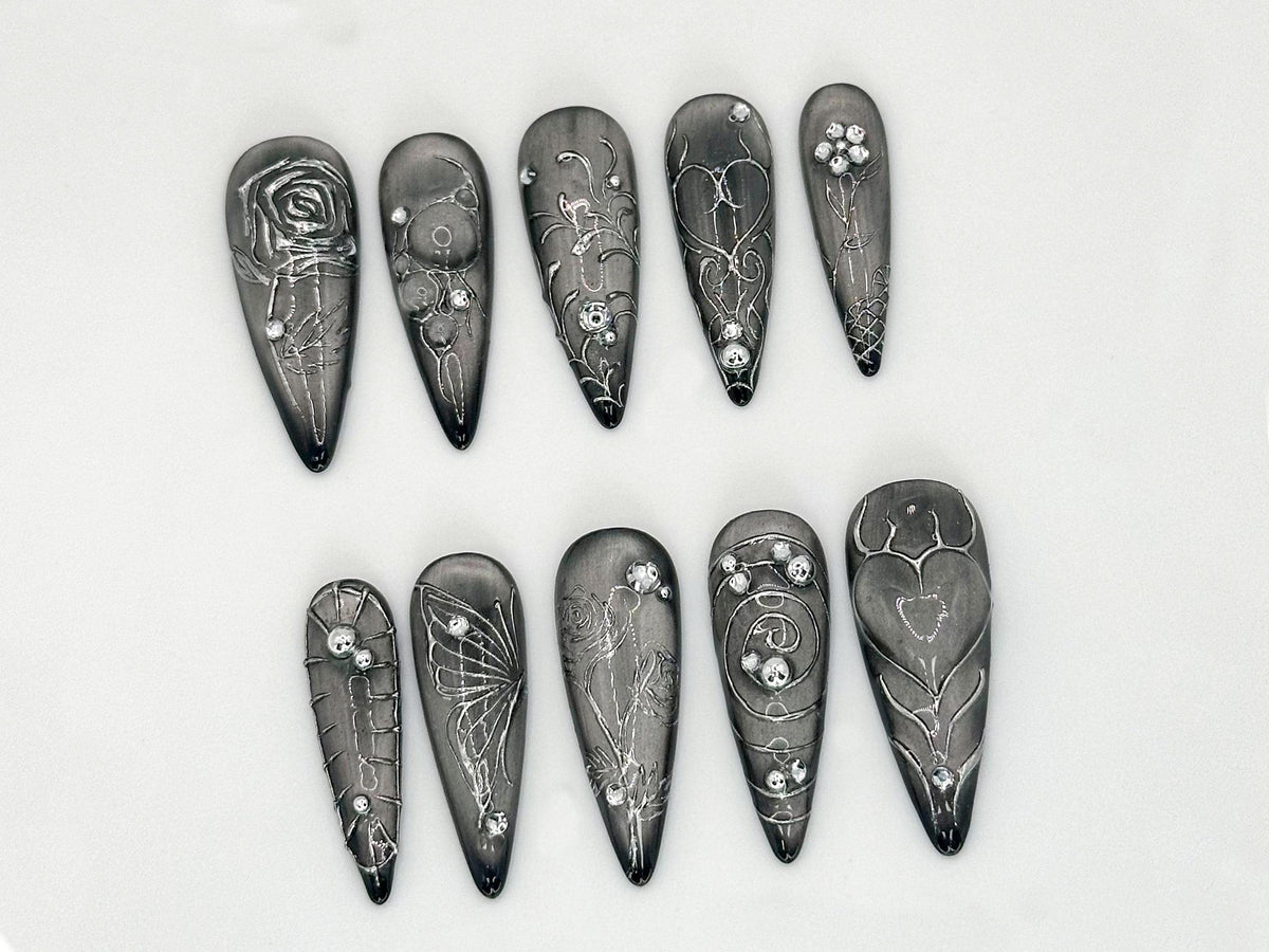 uxury evening wedding press on nails | Intricate Butterfly and Rose Silver Nails|Luxury Silver Gothic| Butterfly & Rose Design |JC630LC