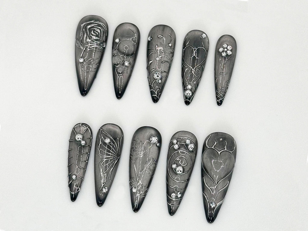 uxury evening wedding press on nails | Intricate Butterfly and Rose Silver Nails|Luxury Silver Gothic| Butterfly & Rose Design |JC630LC