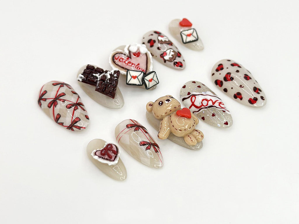 3D Teddy Valentine Press On Nails |  Cute Teddy Bear and Hearts Design | Handmade 3D Nail Set | 3D Valentine Nail Art |JB632HC