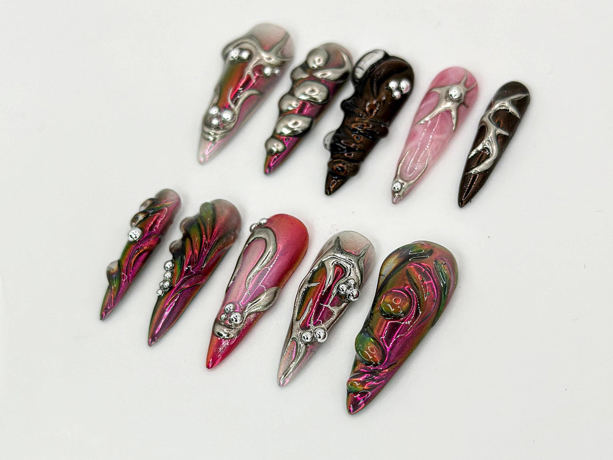Gothic Metallic Press On Nails | Futuristic Metallic and Pink Nails with 3D Designs | Art Deco-Inspired Chrome  | 3D Silver Details |JB600HK