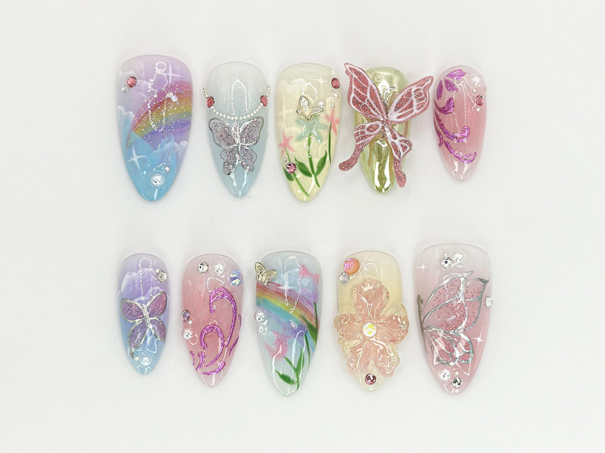 Nature-Inspired Floral Press-On Nails |  Floral And Butterfly Long Nails | Butterfly And Glitter Nails | Hand-Painted Nail Art | JB635HC