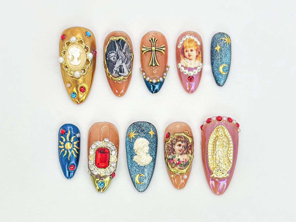 Religious Gothic Press On Nails | Virgin Mary, Cross & Moon Theme | Elegant Handmade Set | Virgin Mary Nail Art| JB635HK