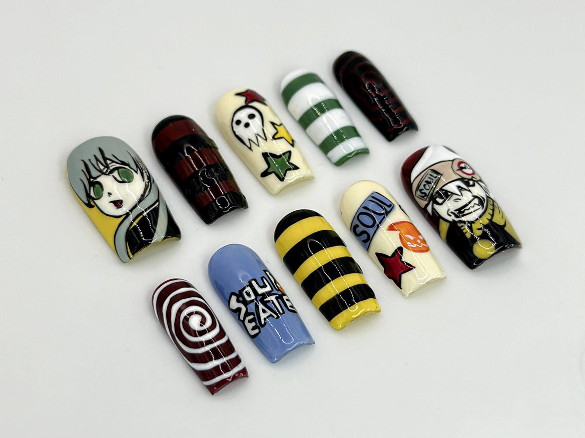 Soul Eater Anime Press-On Nails | Artistic Anime Nails with Iconic Characters | Anime-Inspired Soul Eater Design | For Anime Fans | JB601HC
