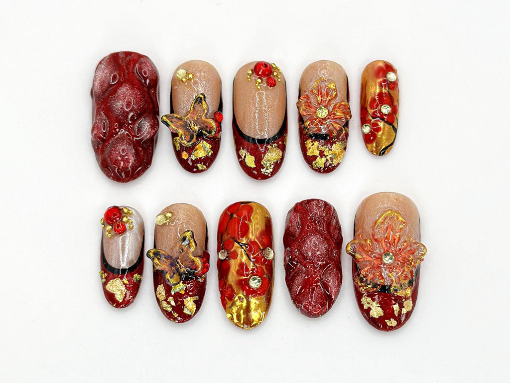 Spring Red Floral Press On Nails | Luxurious Red and Gold Nails with 3D Flowers | Gold Foil Accents |  3D Butterfly Design | JB598H