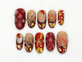 Spring Red Floral Press On Nails | Luxurious Red and Gold Nails with 3D Flowers | Gold Foil Accents |  3D Butterfly Design | JB598H
