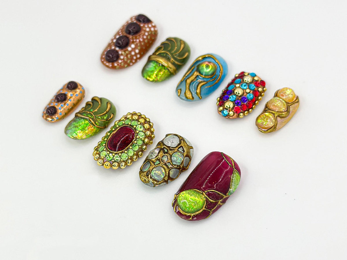 Luxury Gemstone-Inspired Press On Nails | Handcrafted Gemstone and Gold Accent Nail Art | Ruby and Gold Details | Handmade Design | JB641HC