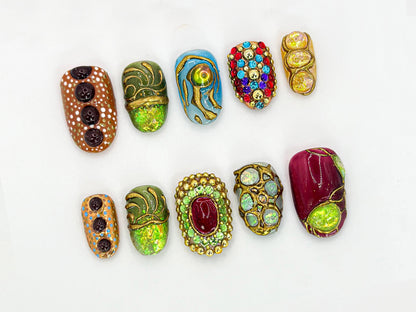 Luxury Gemstone-Inspired Press On Nails | Handcrafted Gemstone and Gold Accent Nail Art | Ruby and Gold Details | Handmade Design | JB641HC