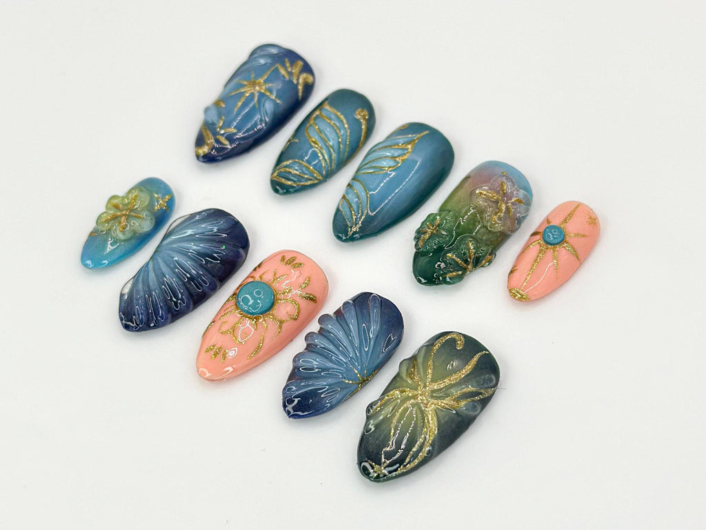 Elegant Chic Butterfly Press On Nails | Celestial Nail with Gold and Blue Accents| Blue and Gold Butterfly Nail Art with 3D Details |JC642HK