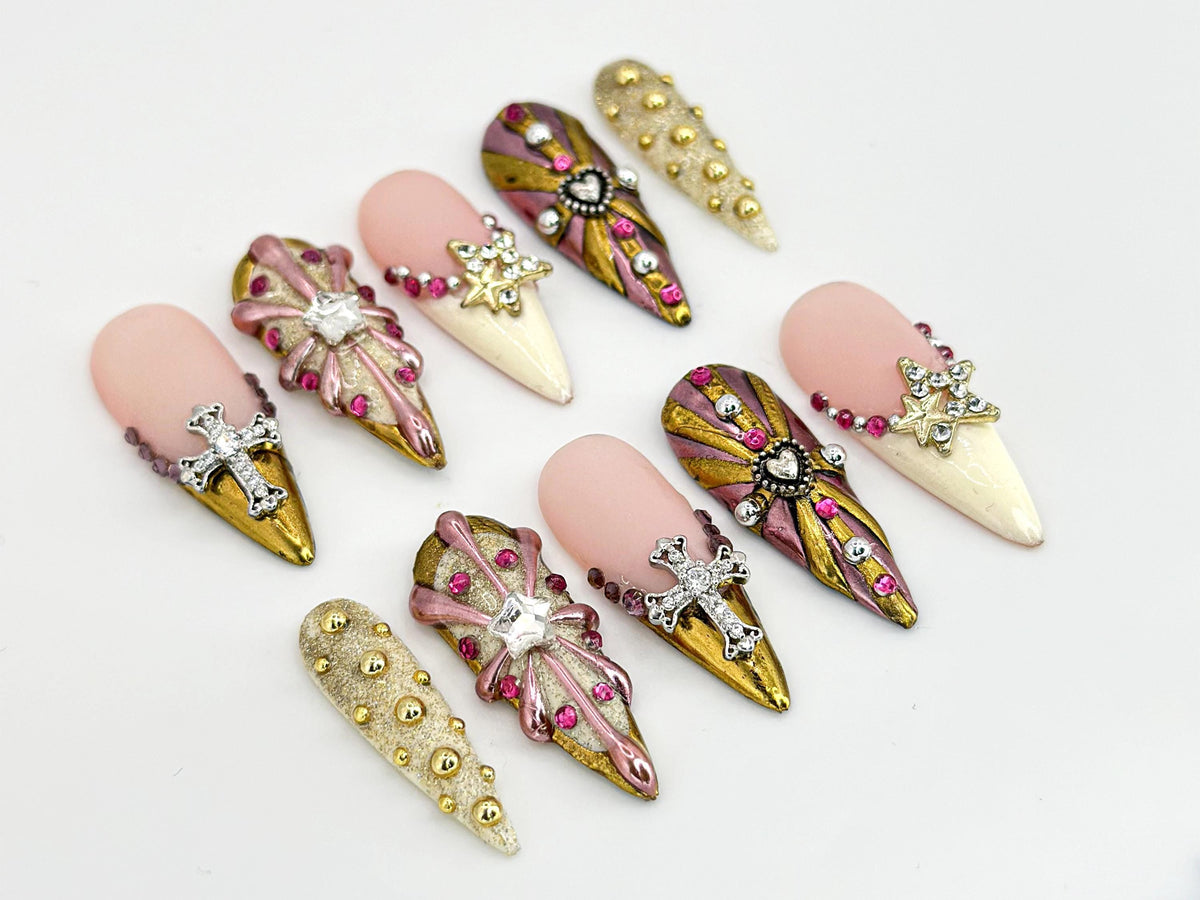 Handcrafted Gold Almond Press-On Nails | Rhinestones and Cross Charms Designs | Unique Luxury Nail Art | Elegant Details | JB611H