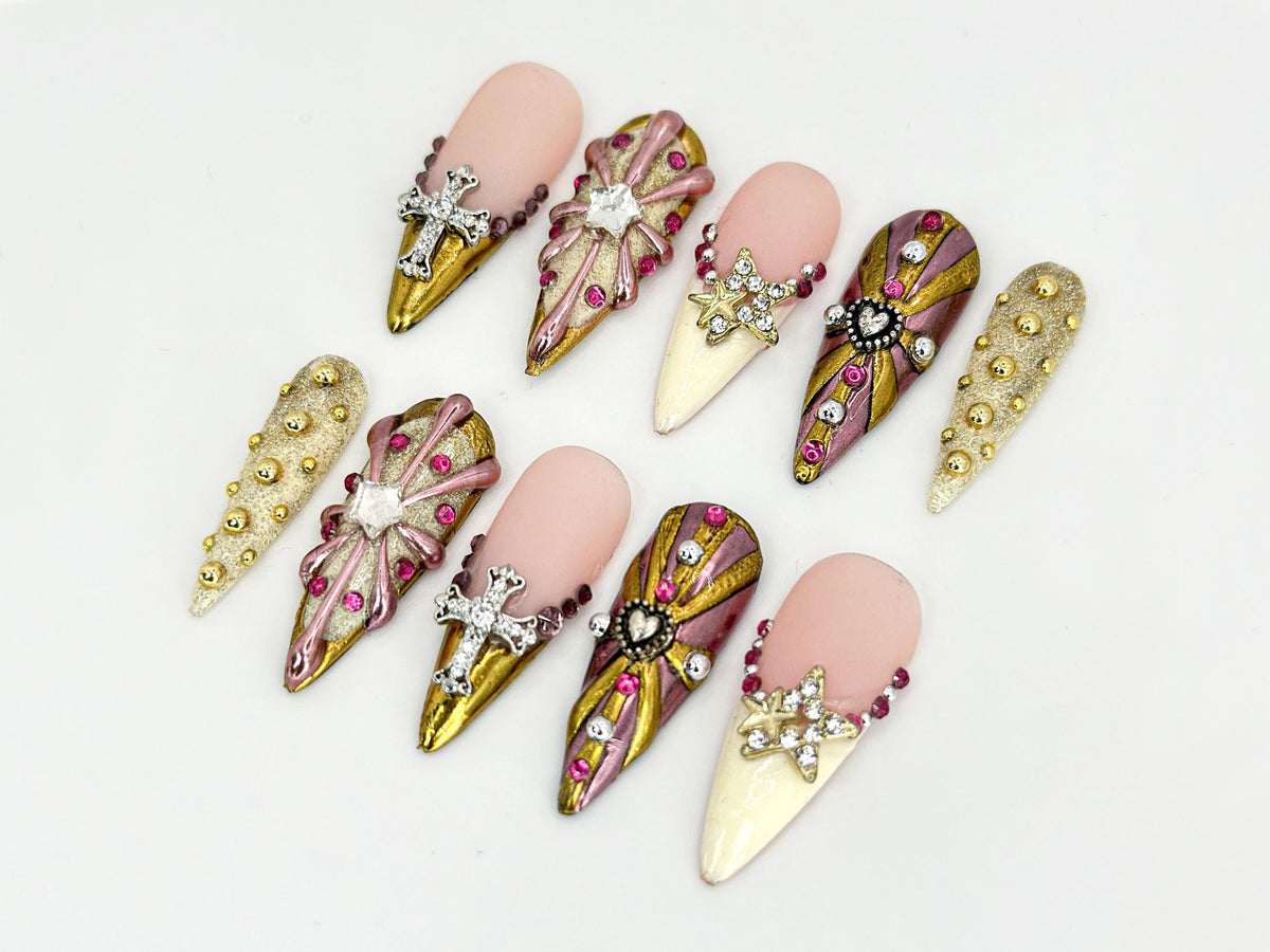 Handcrafted Gold Almond Press-On Nails | Rhinestones and Cross Charms Designs | Unique Luxury Nail Art | Elegant Details | JB611H