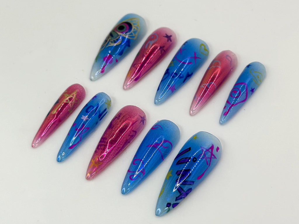 League of Legends Jinx Nail Art | Pink & Blue Graffiti Stiletto Nails | Custom Pop Art Ombre Nails | Jinx Graffiti Nail Art | JB595HC