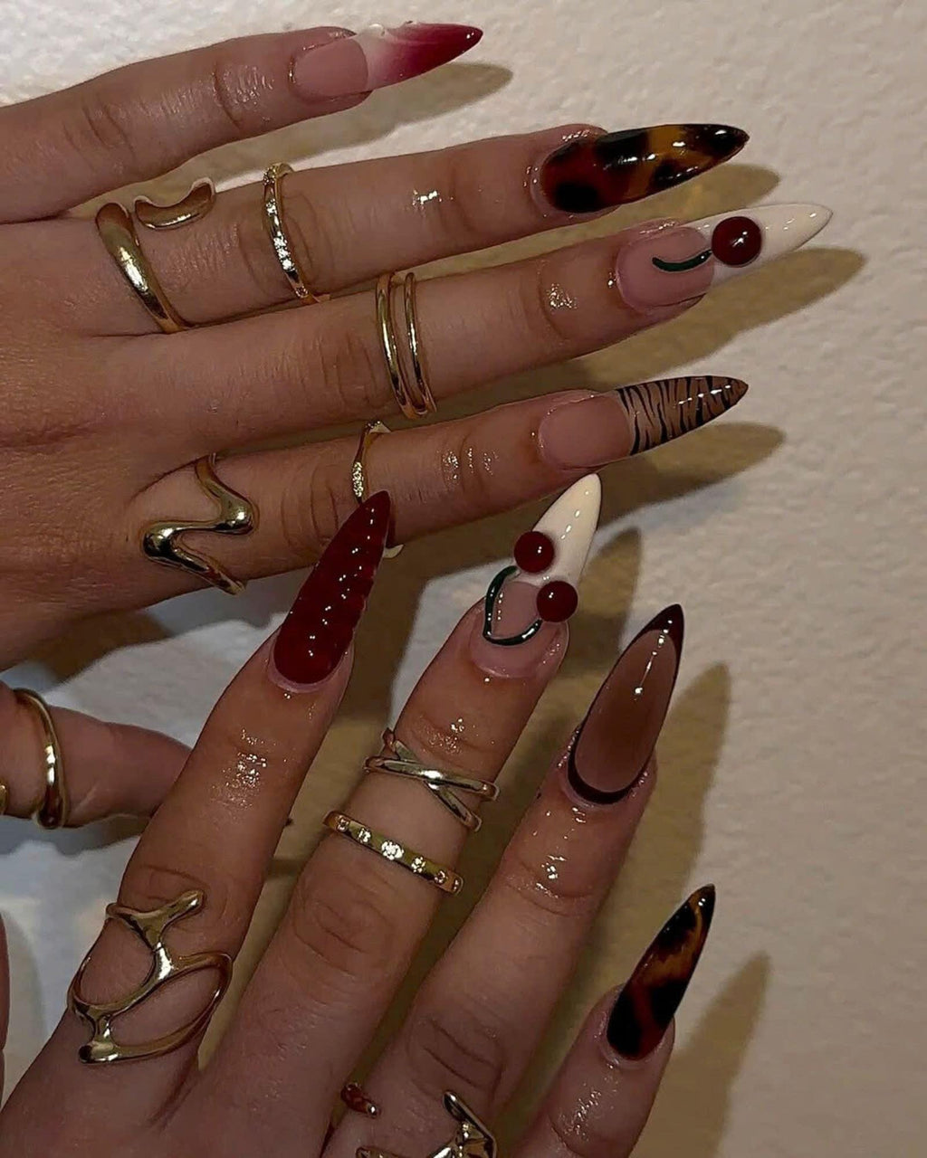 Autumn & Cherry Press On Nail, Long Stiletto Fall Nail Set with Cheetah Print, French Tips Nail, Brown Nail Art, Birthday Holiday Party Nail