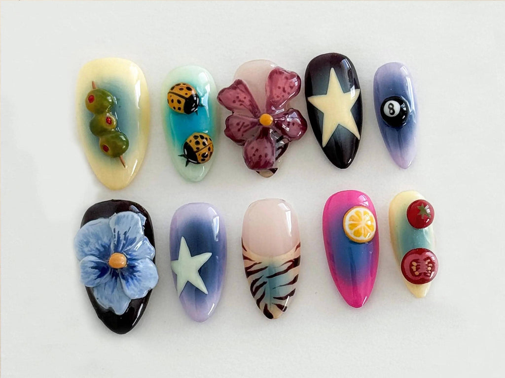 Whimsical Nature Mix Long Almond Nails | Durable and Stylish False Nails | Vegan and Cruelty-Free Nail Set | Unique Nail Art | JB526H