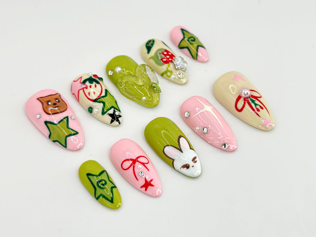 Custom Kawaii Bunny Press-On Nails  | Bunny and Star Designs | Pink & Green Nail Set | Adorable Bunny Theme | Handmade Nail Art | JB615HC