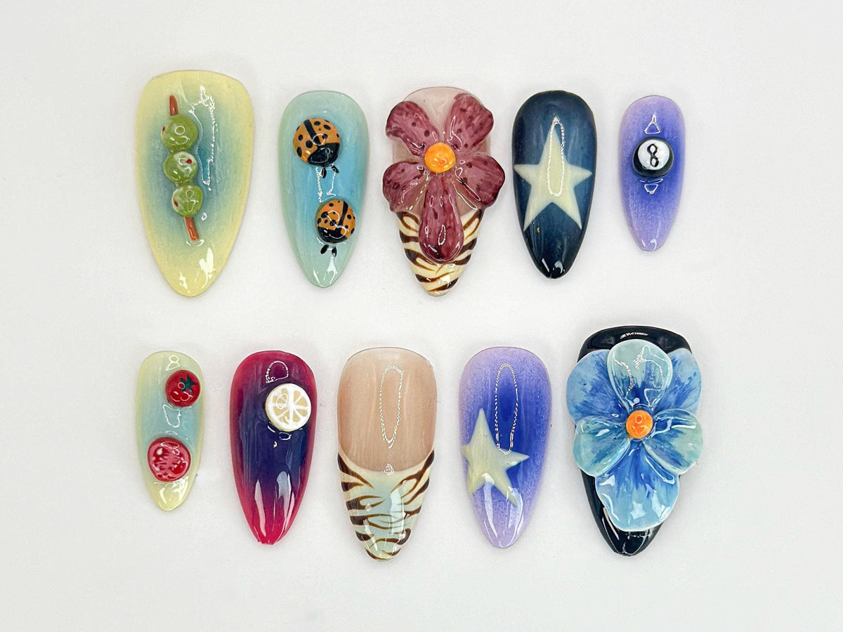 Whimsical Nature Mix Press On Nails | Durable and Stylish False Nails | Vegan and Cruelty-Free Nail Set | Unique Nail Art | JB526HK