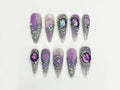 Purple Crystal Gothic Press-On Nails | Stunning Moon and Star 3D Gothic Nails | Purple Gemstone and Silver Gothic Nail Set | JB650HC
