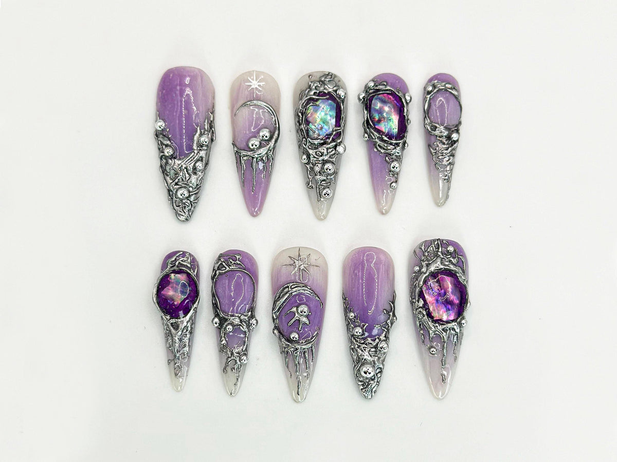 Purple Crystal Gothic Press-On Nails | Stunning Moon and Star 3D Gothic Nails | Purple Gemstone and Silver Gothic Nail Set | JB650HC