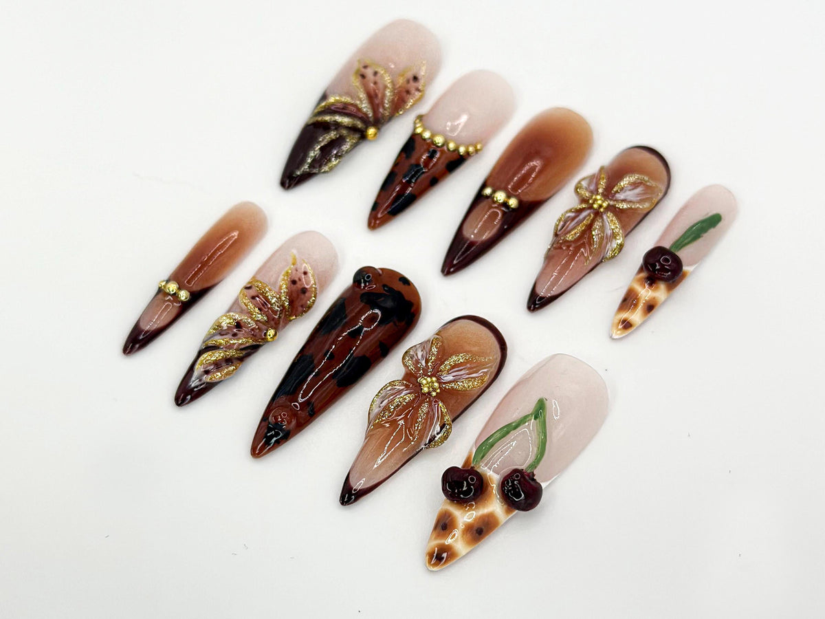 Brown Tortoise Shell Press On Nails | Handmade Gold Floral Accent Nails | Tortoise Shell and Cherry Design | Brown Ombre Accents | JB652HK