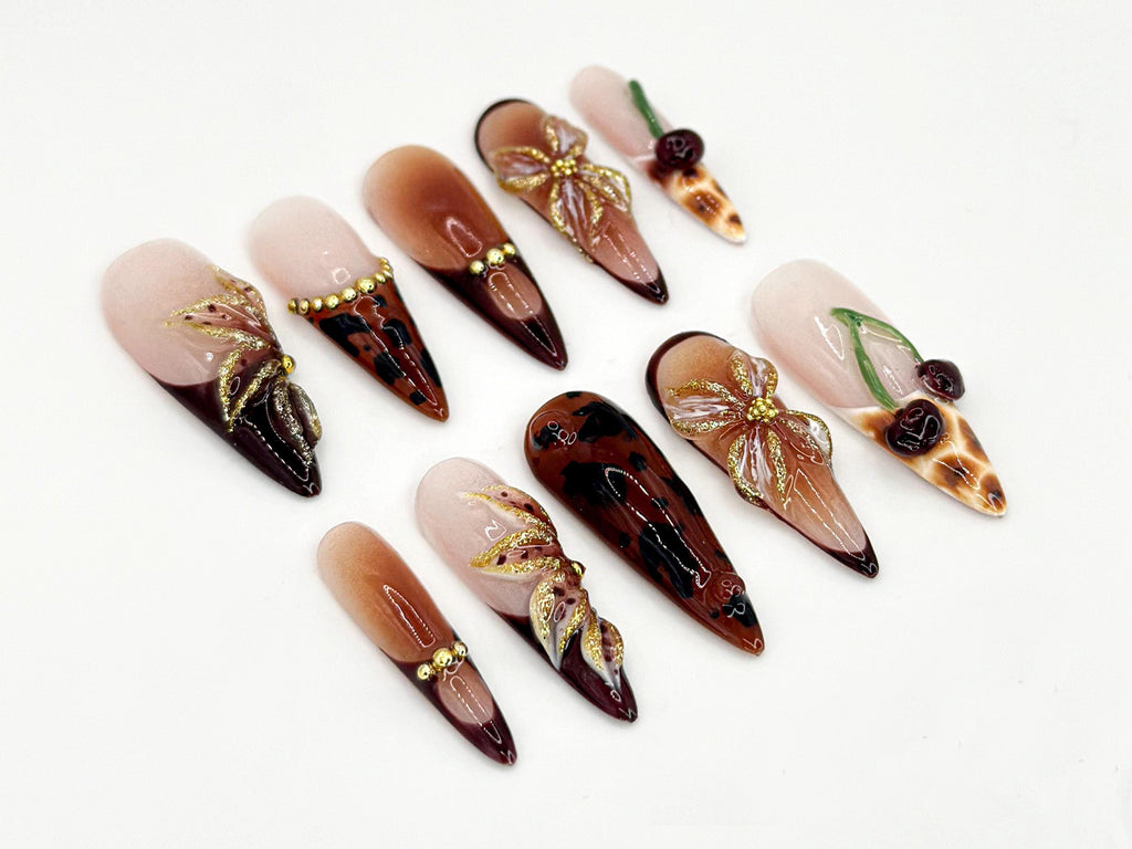 Brown Tortoise Shell Press On Nails | Handmade Gold Floral Accent Nails | Tortoise Shell and Cherry Design | Brown Ombre Accents | JB652HK