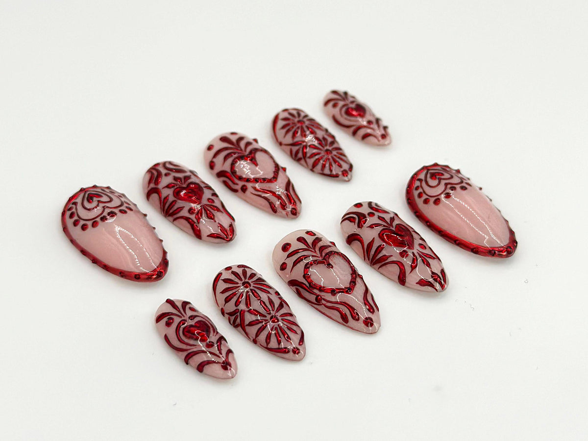 Romantic Red Heart Press On Nails | Artistic Heart and Floral Pattern Nails | Stylish Red Nail Art | Perfect for Valentine or Gifts |JB654HC