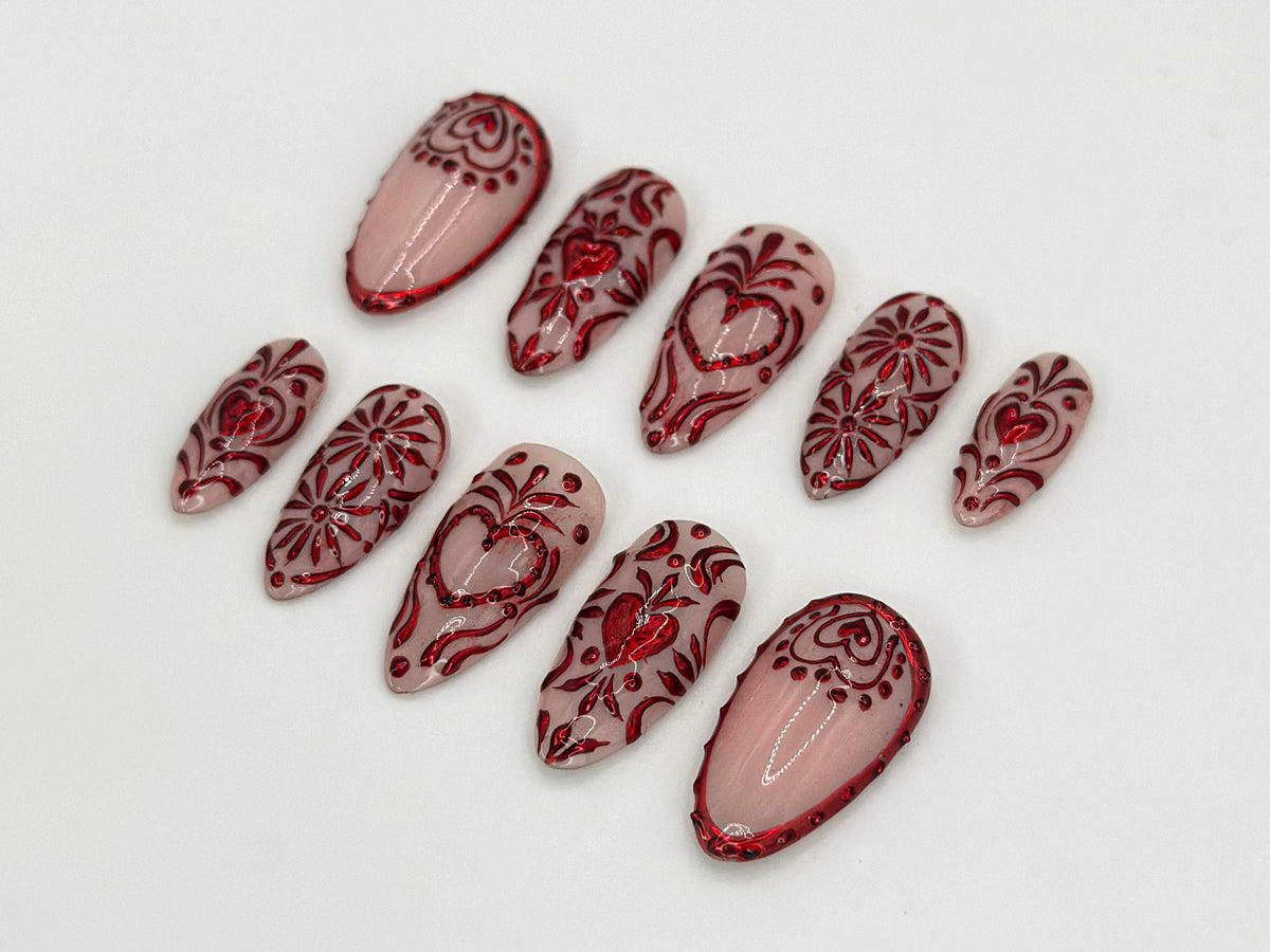 Romantic Red Heart Press On Nails | Artistic Heart and Floral Pattern Nails | Stylish Red Nail Art | Perfect for Valentine or Gifts |JB654HC