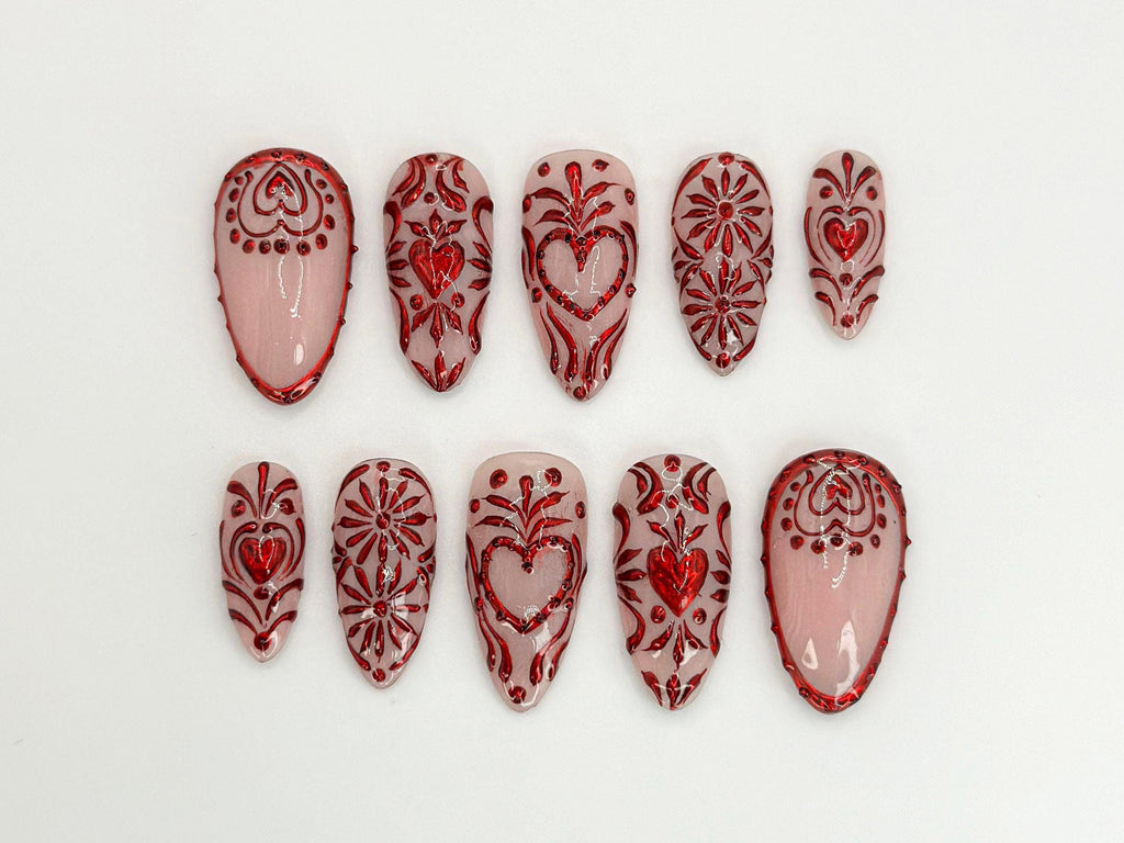 Romantic Red Heart Press On Nails | Artistic Heart and Floral Pattern Nails | Stylish Red Nail Art | Perfect for Valentine or Gifts |JB654HC