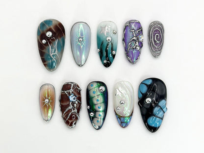 Galaxy-Inspired 3D Press-On Nails | Custom Holographic Nail Art |  Stars, Planets & Galaxies Design | Celestial Nail Set | JB656HK