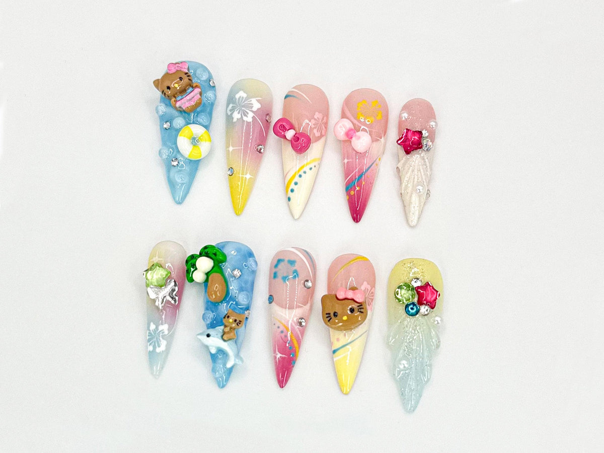 3D Cute Cat press on nails|3D Tropical Nail Art | Cat & Plaid 3D Nail Set | Handmade Nail Set |  Cute 3D Nail Art Design|JB619LC