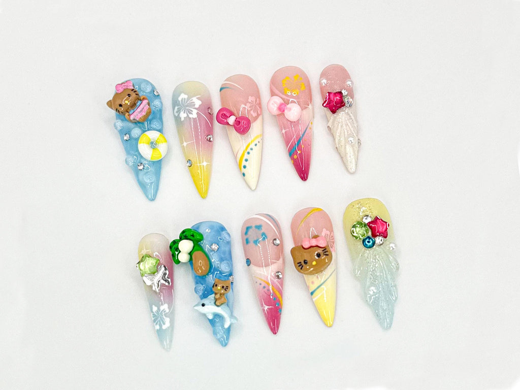3D Cute Cat press on nails|3D Tropical Nail Art | Cat & Plaid 3D Nail Set | Handmade Nail Set |  Cute 3D Nail Art Design|JB619LC