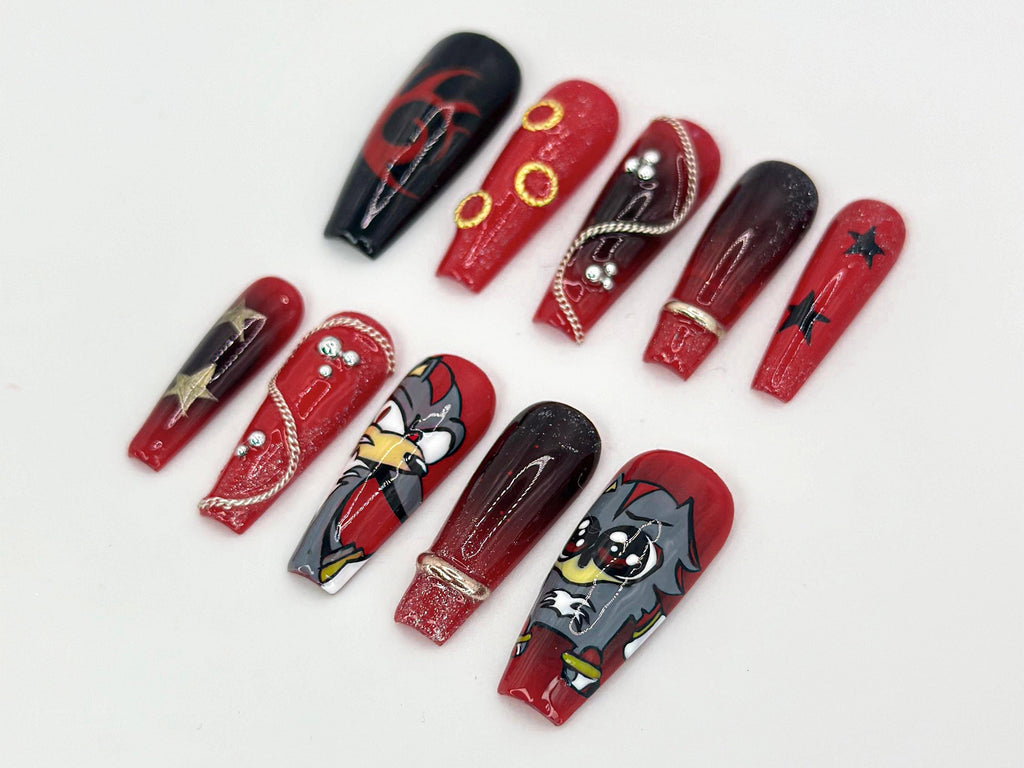 Custom Sonic Shadow Press-On Nails | Customizable Cartoon-Inspired Nails | Sonic Shadow-Themed Nail Art | Bold Star & Chain Accent | JB627HC