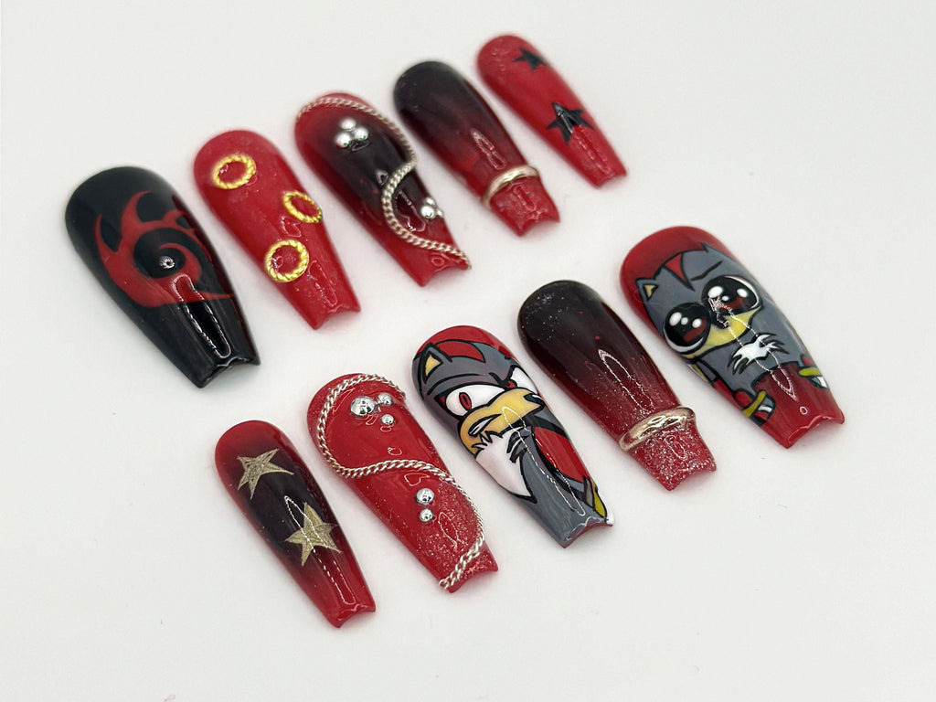 Custom Sonic Shadow Press-On Nails | Customizable Cartoon-Inspired Nails | Sonic Shadow-Themed Nail Art | Bold Star & Chain Accent | JB627HC