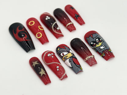 Custom Sonic Shadow Press-On Nails | Customizable Cartoon-Inspired Nails | Sonic Shadow-Themed Nail Art | Bold Star & Chain Accent | JB627HC