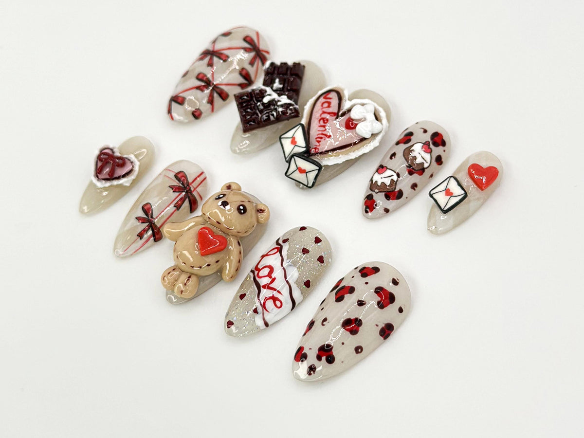 3D Teddy Valentine Press On Nails |  Cute Teddy Bear and Hearts Design | Handmade 3D Nail Set | 3D Valentine Nail Art |JB632HC