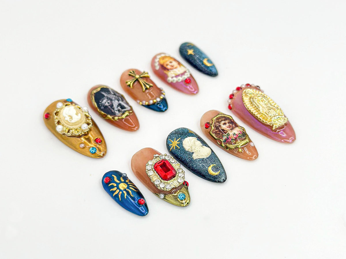 Religious Gothic Press On Nails | Virgin Mary, Cross & Moon Theme | Elegant Handmade Set | Virgin Mary Nail Art| JB635HK