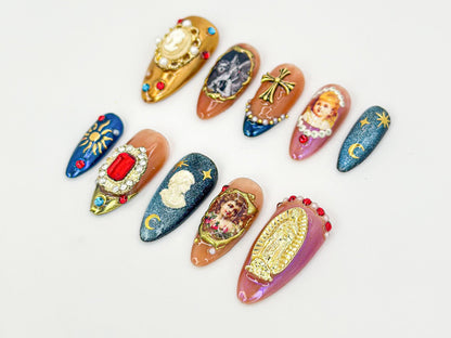 Religious Gothic Press On Nails | Virgin Mary, Cross & Moon Theme | Elegant Handmade Set | Virgin Mary Nail Art| JB635HK