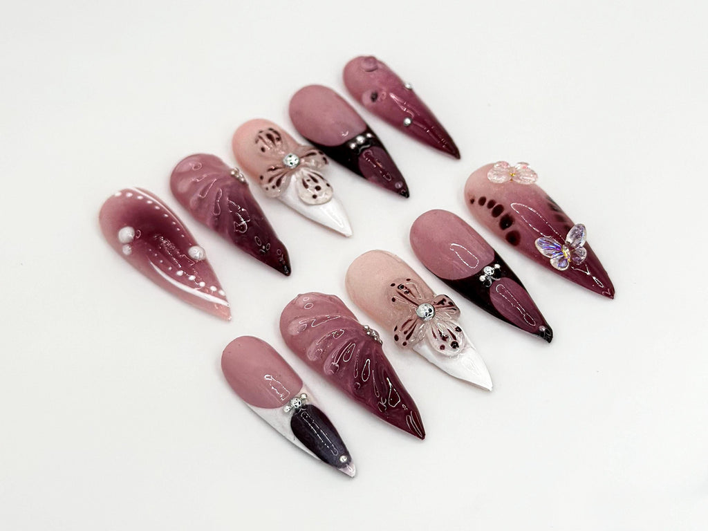 Burgundy Floral 3D Press On Nails | Floral Design with Rhinestones| Floral Accents And Pearl Details | Stylish & Trendy Nail Design |JB660HK