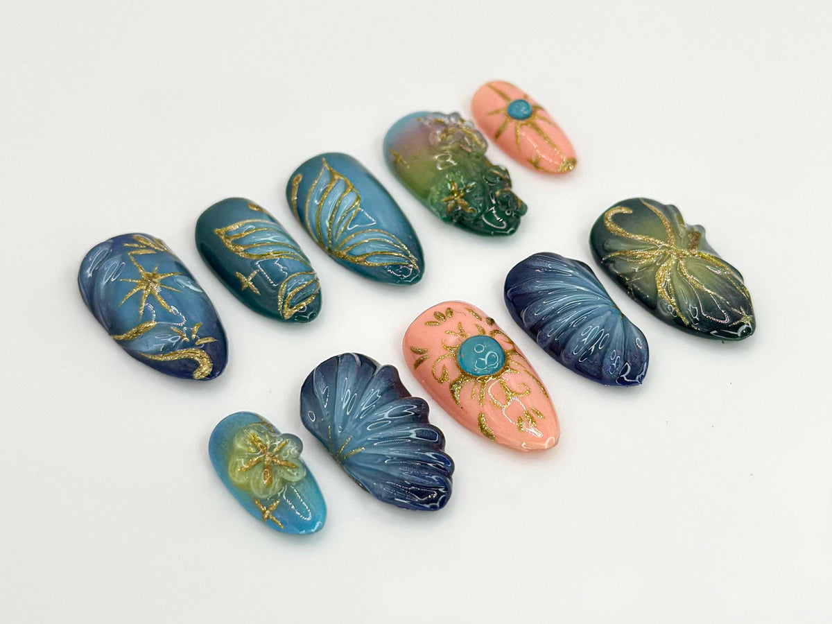 Elegant Chic Butterfly Press On Nails | Celestial Nail with Gold and Blue Accents| Blue and Gold Butterfly Nail Art with 3D Details |JC642HK
