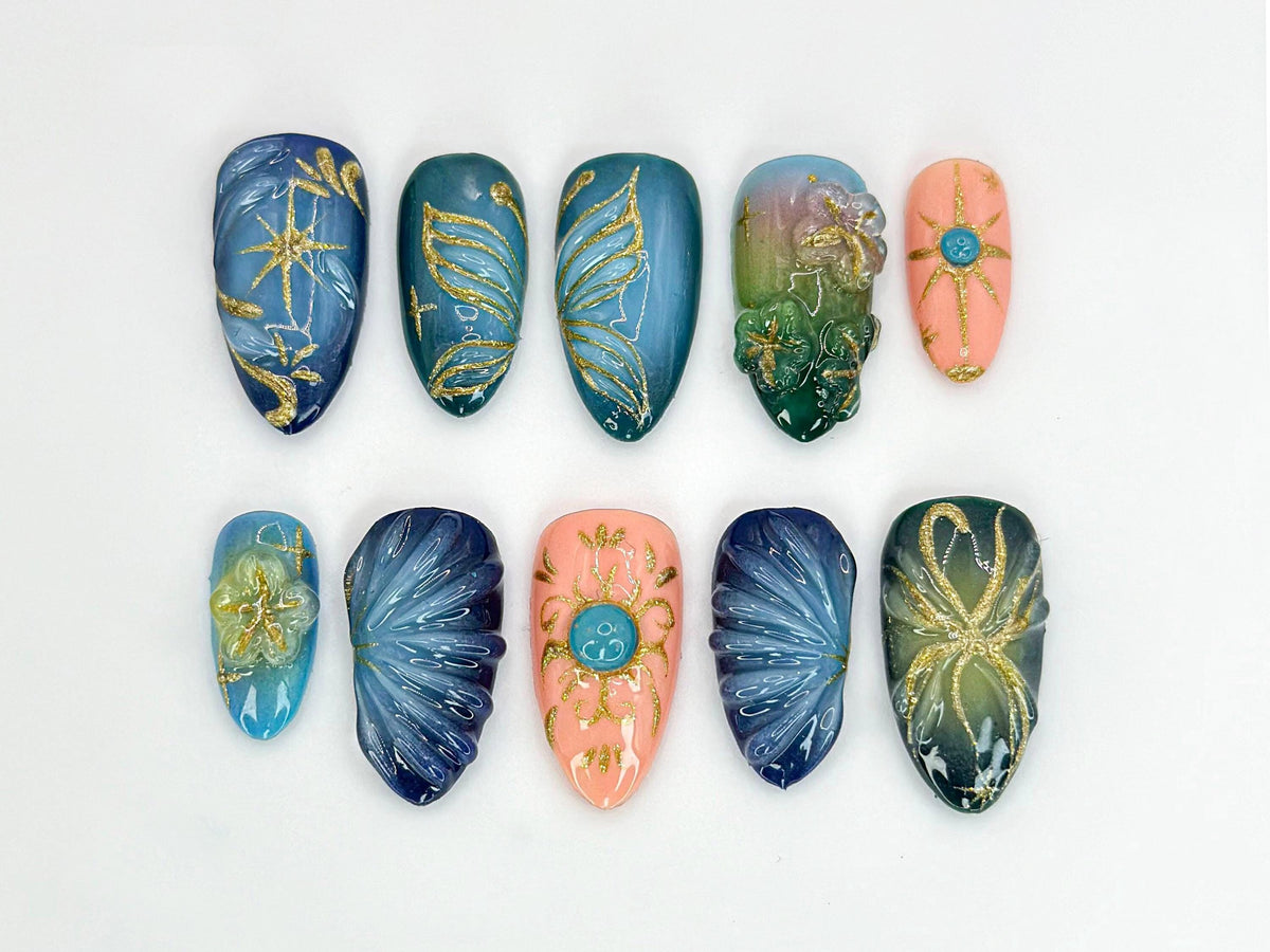 Elegant Chic Butterfly Press On Nails | Celestial Nail with Gold and Blue Accents| Blue and Gold Butterfly Nail Art with 3D Details |JC642HK