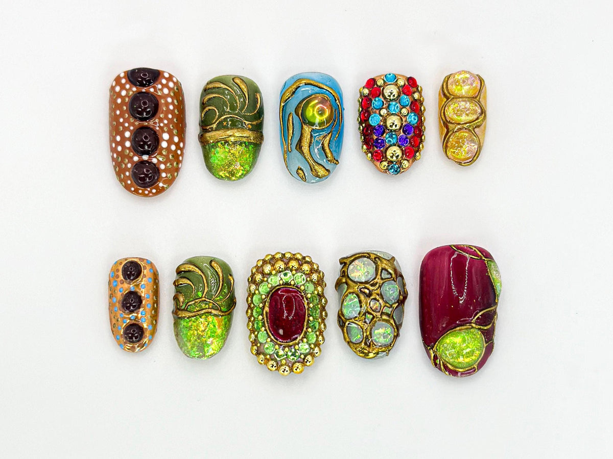 Luxury Gemstone-Inspired Press On Nails | Handcrafted Gemstone and Gold Accent Nail Art | Ruby and Gold Details | Handmade Design | JB641HC